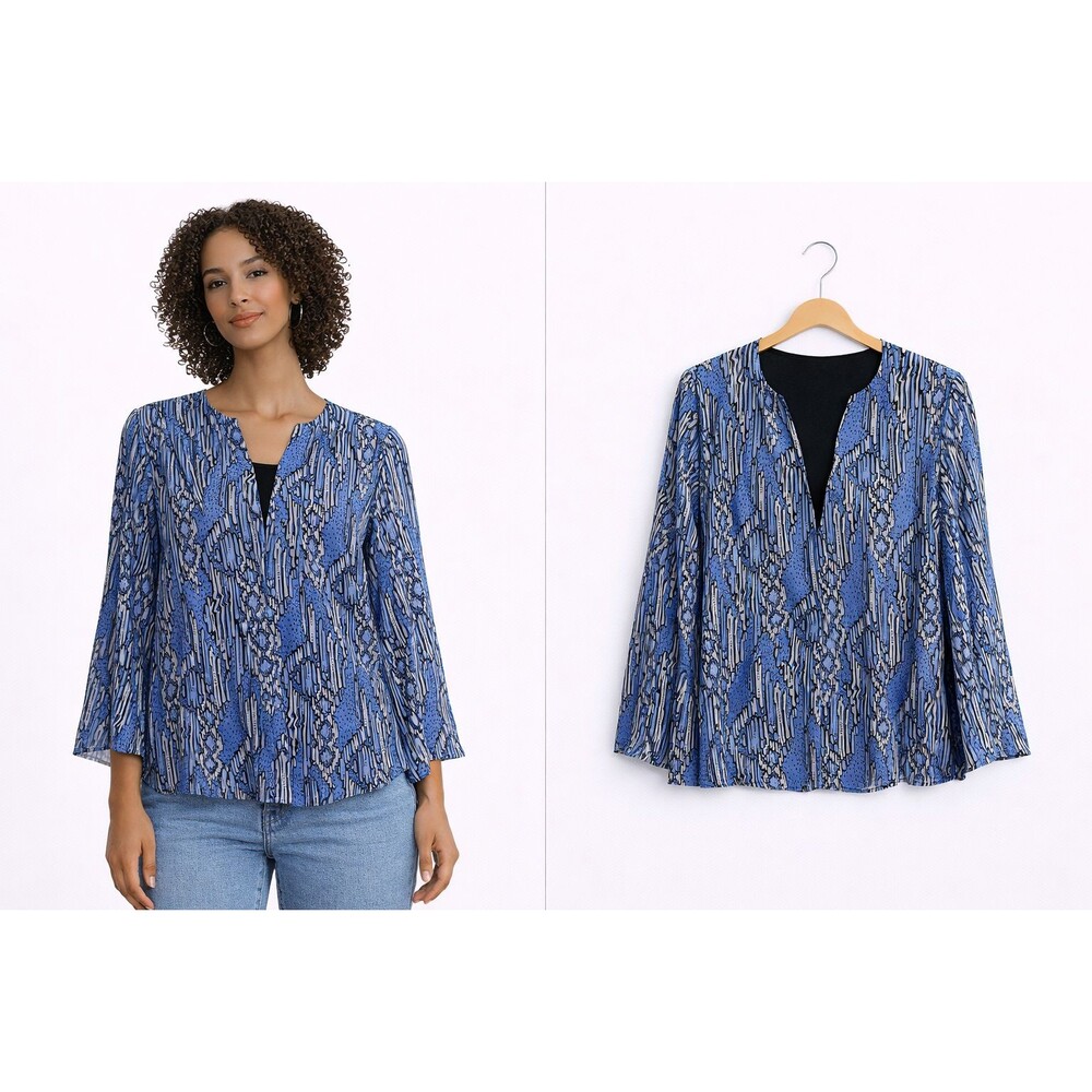 New Bob Mackie Womens Tunic Top Size Large Blue Print Chiffon Long Sheer Sleeve